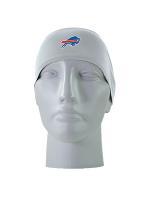 A gray athletic headband with a blue and red Buffalo Bills logo on the forehead, displayed on a gray mannequin head against a white background.