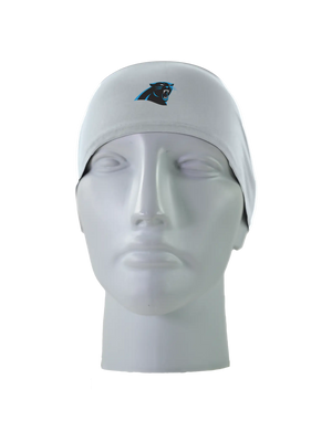 A gray athletic headband with a black and blue Carolina Panthers logo on the forehead, displayed on a gray mannequin head against a white background.
