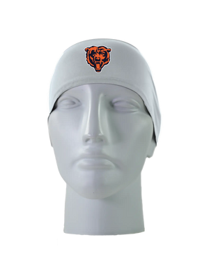 A gray athletic headband with an orange and blue Chicago Bears logo on the forehead, displayed on a gray mannequin head against a white background.