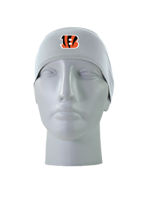 A gray athletic headband with an orange and black ‘B’ Cincinnati Bengals logo on the forehead, displayed on a gray mannequin head against a white background.