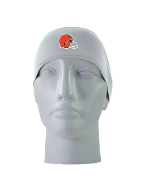 A gray athletic headband with an orange and brown Cleveland Browns helmet logo on the forehead, displayed on a gray mannequin head against a white background.