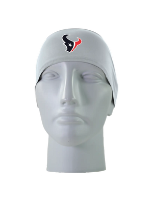 A gray athletic headband with a red, white and blue Houston Texans logo on the forehead, displayed on a gray mannequin head against a white background.