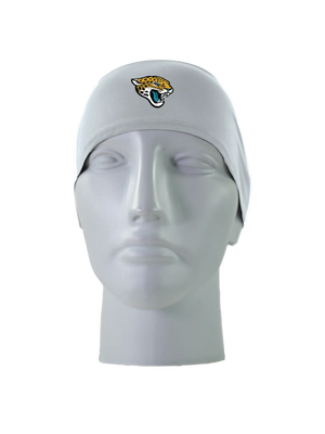 A gray athletic headband with a gold, black, teal and white Jacksonville Jaguars logo on the forehead, displayed on a gray mannequin head against a white background.