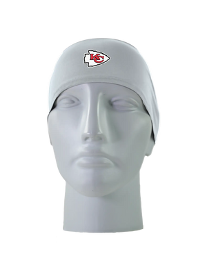 A gray athletic headband with a red, white and black 'KC' Kansas City Chiefs logo on the forehead, displayed on a gray mannequin head against a white background.