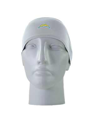 A gray athletic headband with a yellow and blue Los Angeles Chargers logo on the forehead, displayed on a gray mannequin head against a white background.