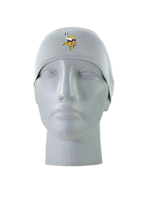 A gray athletic headband with a gold, purple and white Minnesota Vikings logo on the front, displayed on a gray mannequin head against a white background.