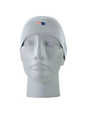 A gray athletic headband with a blue and red New England Patriots logo on the front, displayed on a gray mannequin head against a white background.