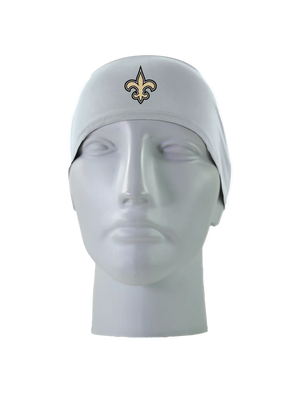 A gray athletic headband with a gold and black New Orleans Saints logo on the front, displayed on a gray mannequin head against a white background.