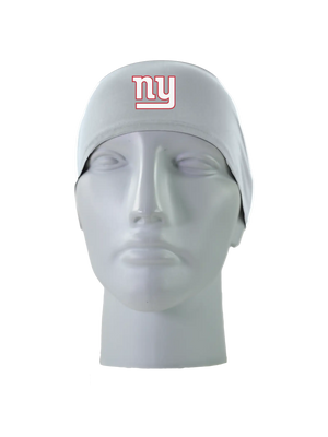 A gray athletic headband with a white with red outline 'ny' New York Giants logo on the front, displayed on a gray mannequin head against a white background.