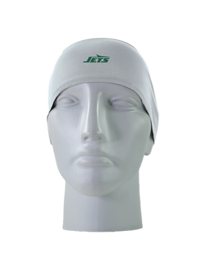 A gray athletic headband with a green New York Jets logo on the front, displayed on a gray mannequin head against a white background.