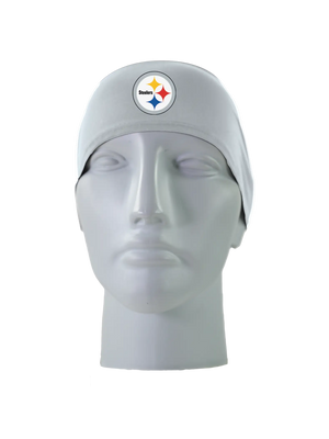 A gray athletic headband with a circular Pittsburgh Steelers logo on the front, displayed on a gray mannequin head against a white background.