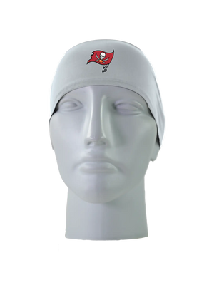 A gray athletic headband with a red Tampa Bay Buccaneers logo on the front, displayed on a gray mannequin head against a white background.