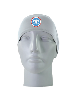 A gray athletic headband with a blue and white 'T' Tennessee Titans logo on the front, displayed on a gray mannequin head against a white background.