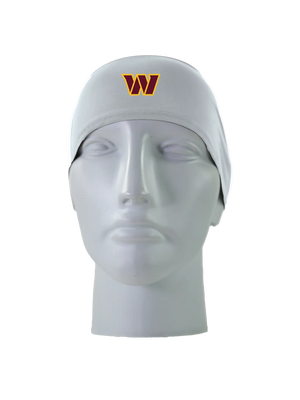 A gray athletic headband with a gold and maroon 'W' Washington Commanders logo on the front, displayed on a gray mannequin head against a white background.
