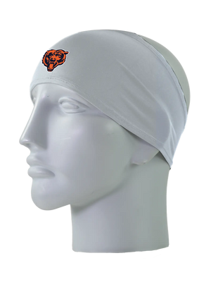 A gray athletic headband with an orange and blue Chicago Bears logo on the forehead, displayed on a gray mannequin head against a white background.