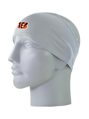 A gray athletic headband with an orange and black ‘B’ Cincinnati Bengals logo on the forehead, displayed on a gray mannequin head against a white background.