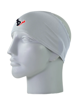 A gray athletic headband with a red, white and blue Houston Texans logo on the forehead, displayed on a gray mannequin head against a white background.