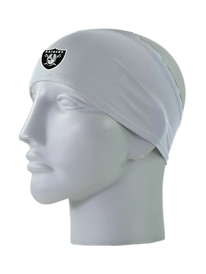 A gray athletic headband with a black, silver and white Las Vegas Raiders logo on the forehead, displayed on a gray mannequin head against a white background.