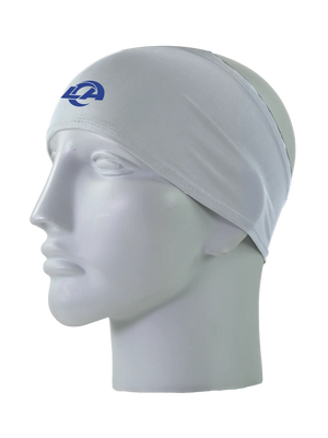A gray athletic headband with a blue 'LA' Los Angeles Rams logo on the forehead, displayed on a gray mannequin head against a white background.