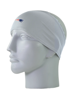 A gray athletic headband with a blue and red New England Patriots logo on the front, displayed on a gray mannequin head against a white background.