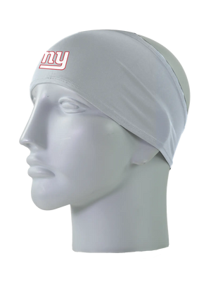 A gray athletic headband with a white with red outline 'ny' New York Giants logo on the front, displayed on a gray mannequin head against a white background.