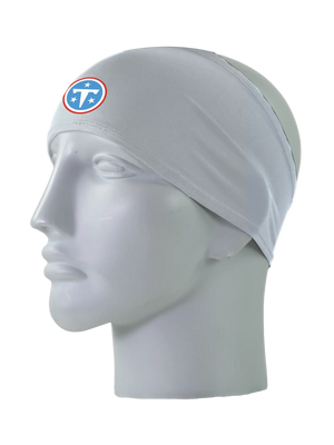 A gray athletic headband with a blue and white 'T' Tennessee Titans logo on the front, displayed on a gray mannequin head against a white background.