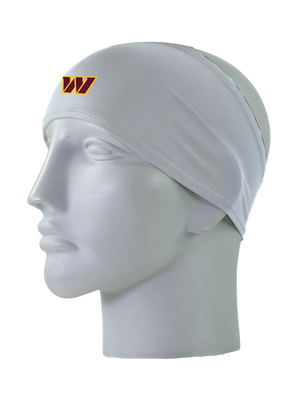 A gray athletic headband with a gold and maroon 'W' Washington Commanders logo on the front, displayed on a gray mannequin head against a white background.
