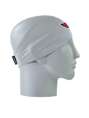 A gray athletic headband with a red and black Arizona Cardinals logo on the forehead, displayed on a gray mannequin head in profile against a white background.