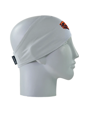 A gray athletic headband with an orange and blue Chicago Bears logo on the forehead, displayed on a gray mannequin head in profile against a white background.