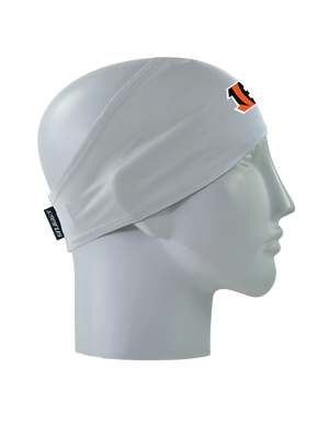 A gray athletic headband with an orange and black ‘B’ Cincinnati Bengals logo on the forehead, displayed on a gray mannequin head in profile against a white background.