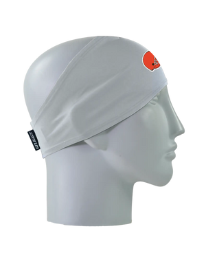 A gray athletic headband with an orange and brown Cleveland Browns helmet logo on the forehead, displayed on a gray mannequin head in profile against a white background.