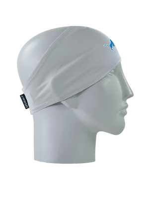 A gray athletic headband with a blue and white Detroit Lions logo on the forehead, displayed on a gray mannequin head in profile against a white background.