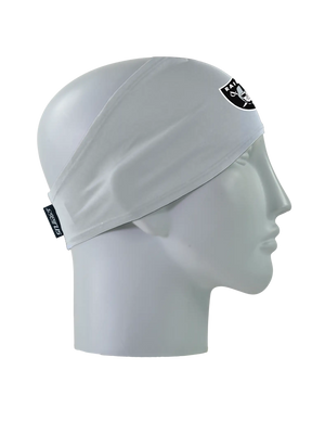 A gray athletic headband with a black, silver and white Las Vegas Raiders logo on the forehead, displayed on a gray mannequin head in profile against a white background.