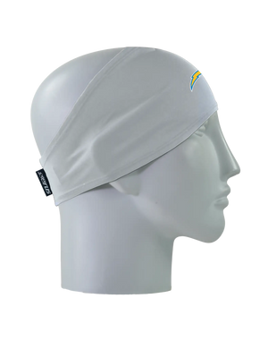 A gray athletic headband with a yellow and blue Los Angeles Chargers logo on the forehead, displayed on a gray mannequin head in profile against a white background.