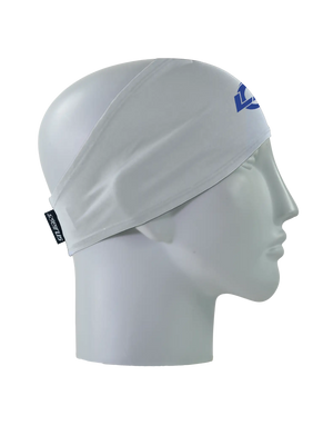 A gray athletic headband with a blue 'LA' Los Angeles Rams logo on the forehead, displayed on a gray mannequin head in profile against a white background.