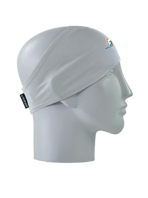 A gray athletic headband with an orange, aqua and white Miami Dolphins logo on the forehead, displayed on a gray mannequin head in profile against a white background.