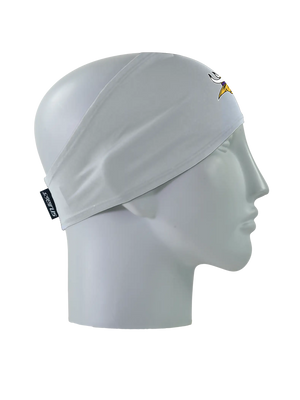 A gray athletic headband with a gold, purple and white Minnesota Vikings logo on the forehead, displayed on a gray mannequin head in profile against a white background.