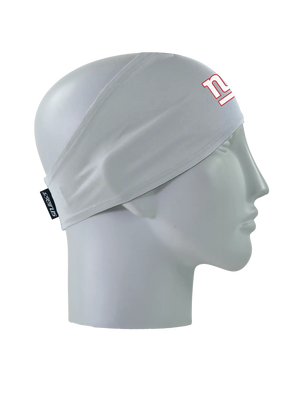 A gray athletic headband with a white with red outline 'ny' New York Giants logo on the forehead, displayed on a gray mannequin head in profile against a white background.