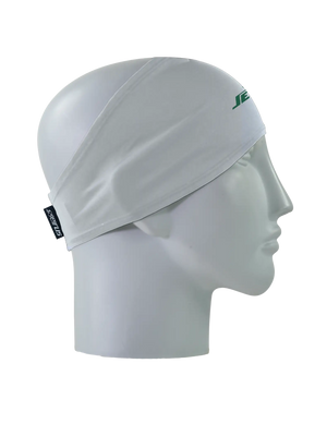 A gray athletic headband with a green New York Jets logo on the forehead, displayed on a gray mannequin head in profile against a white background.