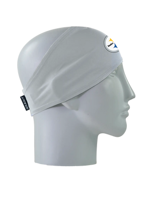A gray athletic headband with a circular Pittsburgh Steelers logo on the forehead, displayed on a gray mannequin head in profile against a white background.