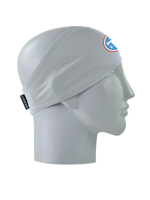 A gray athletic headband with a blue and white 'T' Tennessee Titans logo on the forehead, displayed on a gray mannequin head in profile against a white background.