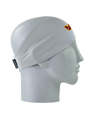 A gray athletic headband with a gold and maroon 'W' Washington Commanders logo on the forehead, displayed on a gray mannequin head in profile against a white background.