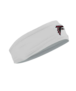 A gray athletic headband featuring the Atlanta Falcons logo on the forehead, displayed against a solid white background.