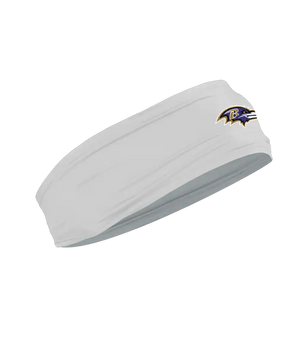 A gray athletic headband featuring the Baltimore Ravens logo on the forehead, displayed against a solid white background.
