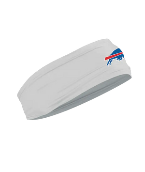A gray athletic headband featuring the Buffalo Bills logo on the forehead, displayed against a solid white background.