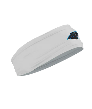 A gray athletic headband featuring the Carolina Panthers logo on the forehead, displayed against a solid white background.