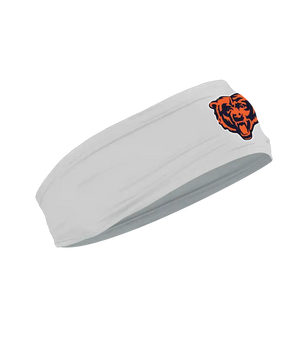 A gray athletic headband featuring the Chicago Bears logo on the forehead, displayed against a solid white background.