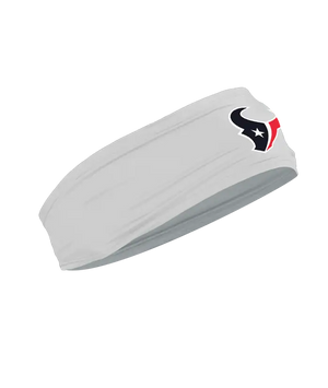 A gray athletic headband featuring the Houston Texans logo on the forehead, displayed against a solid white background.