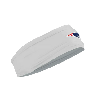 A gray athletic headband featuring the New England Patriots logo on the forehead, displayed against a solid white background.