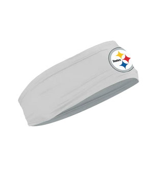 A gray athletic headband featuring the circular Pittsburgh Steelers logo on the forehead, displayed against a solid white background.